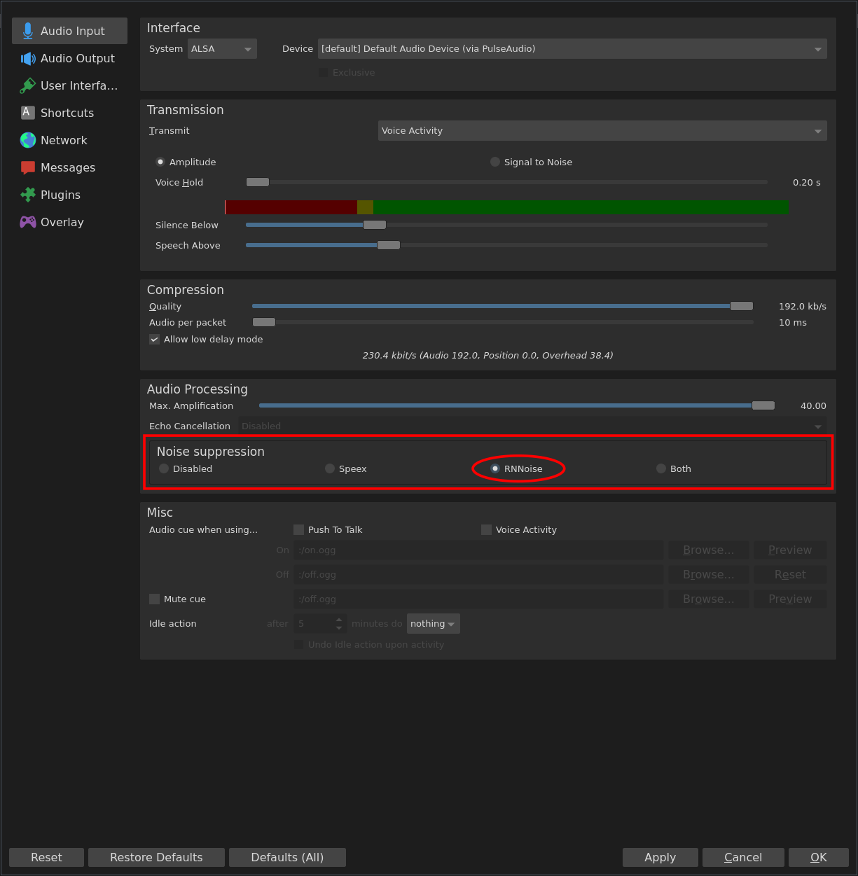 rnnoise in audio processing settings